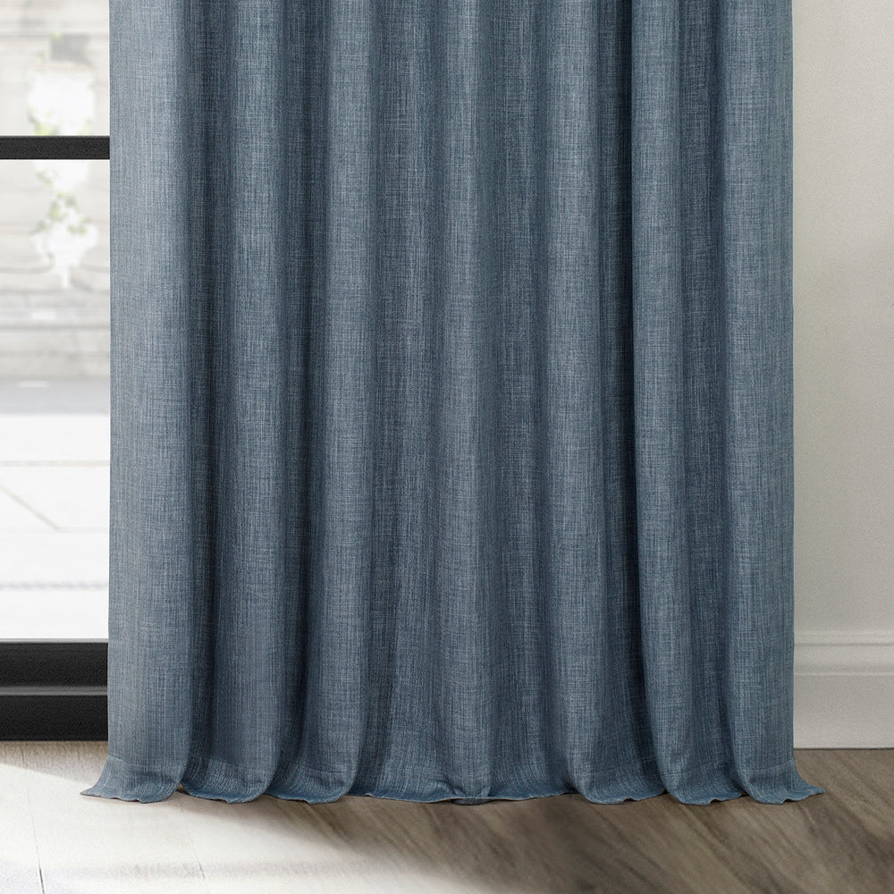 Reverie Blue Textured Faux Linen Custom Curtain