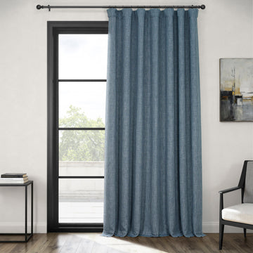 Reverie Blue Extra Wide Textured Faux Linen Room Darkening Curtain