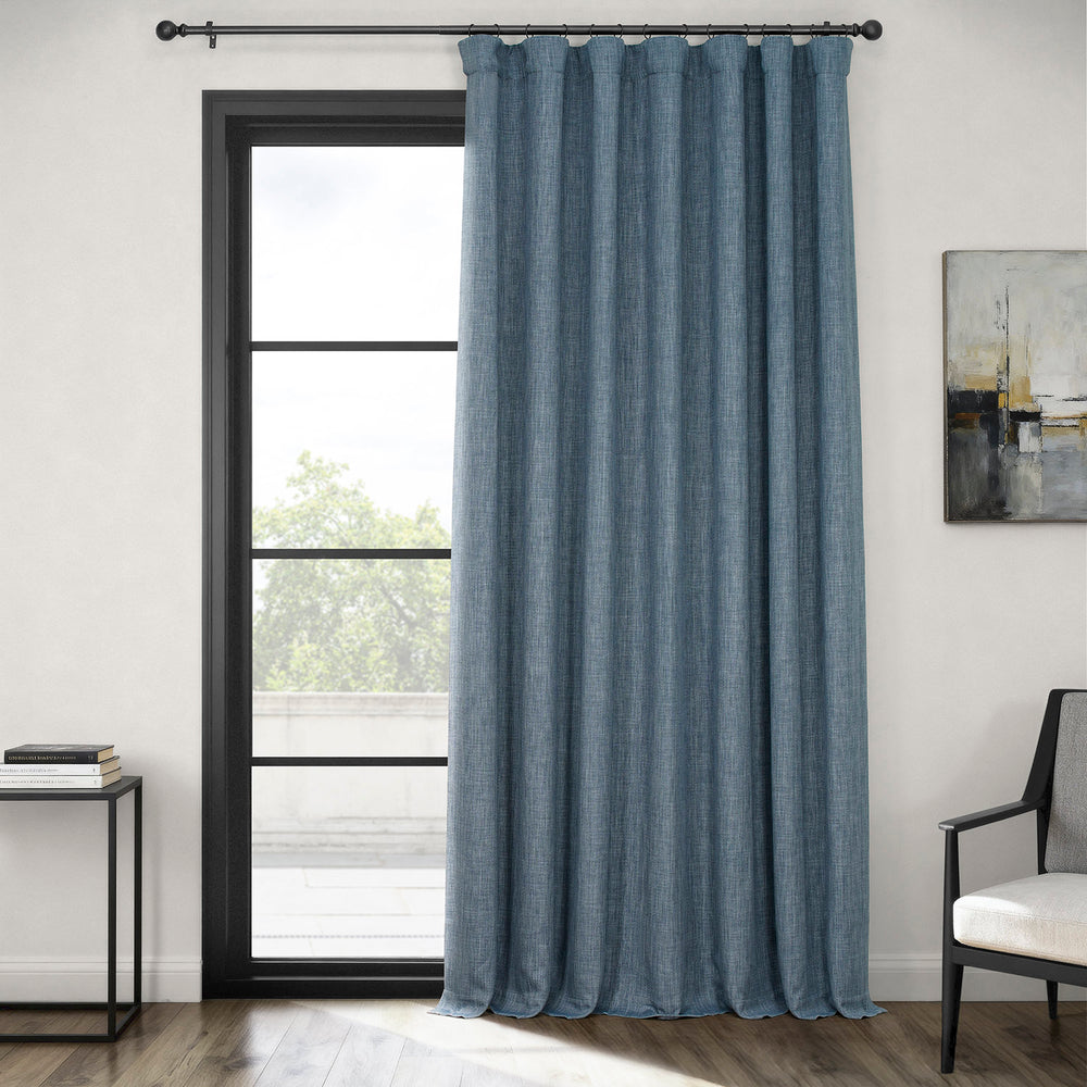 Reverie Blue Extra Wide Textured Faux Linen Room Darkening Curtain