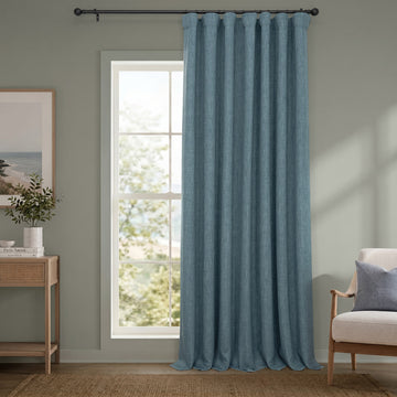 Reverie Blue Extra Wide Textured Faux Linen Room Darkening Curtain