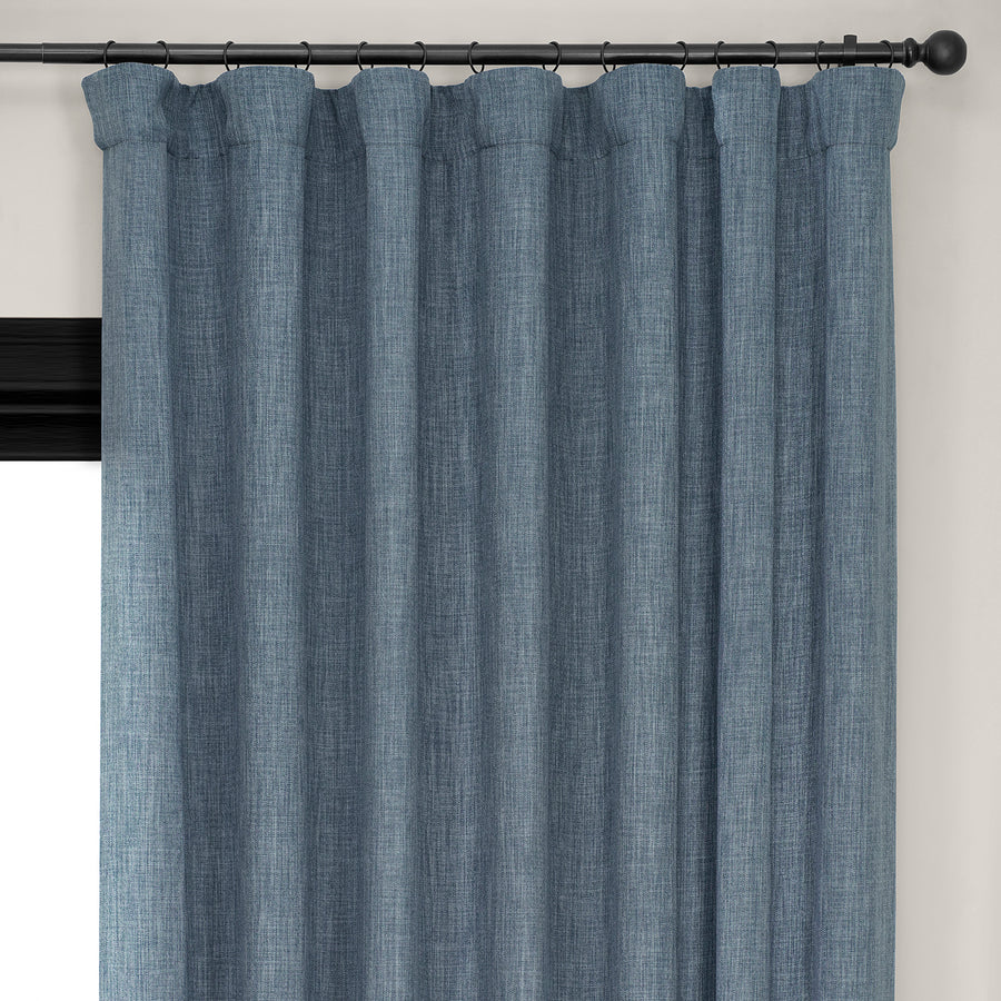Reverie Blue Extra Wide Textured Faux Linen Room Darkening Curtain