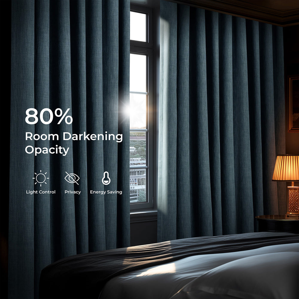 Reverie Blue Extra Wide Textured Faux Linen Room Darkening Curtain