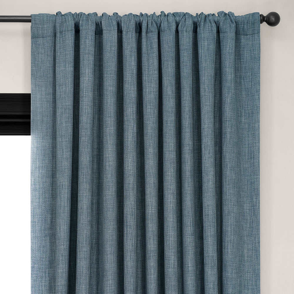 Reverie Blue Extra Wide Textured Faux Linen Room Darkening Curtain
