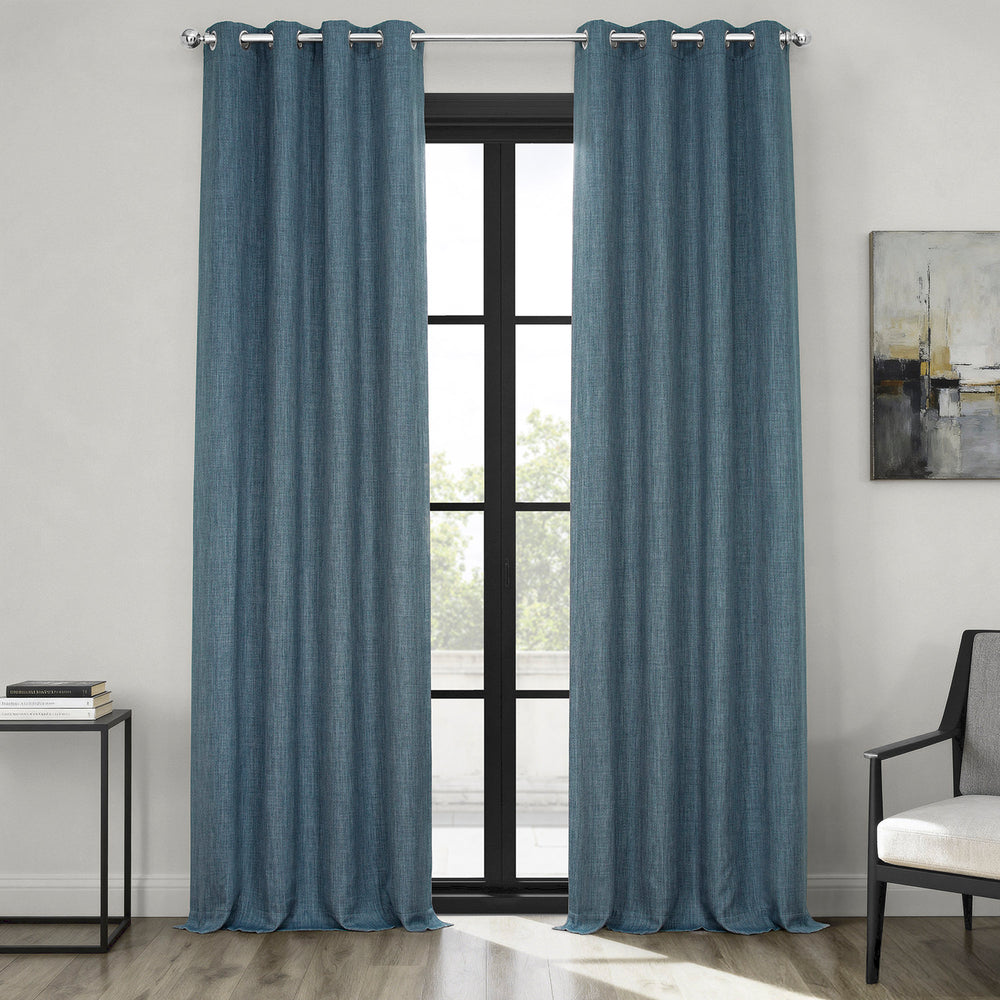 Reverie Blue Grommet Textured Faux Linen Room Darkening Curtain