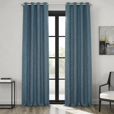 Reverie Blue Grommet Textured Faux Linen Room Darkening Curtain