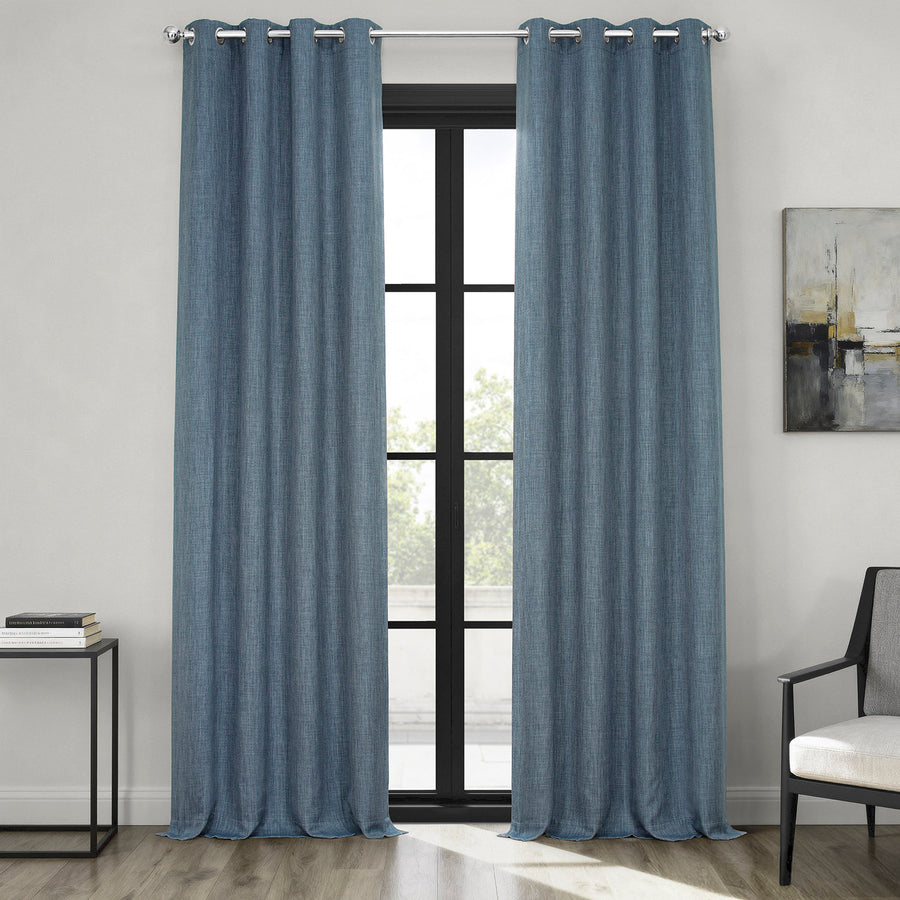 Reverie Blue Grommet Textured Faux Linen Room Darkening Curtain