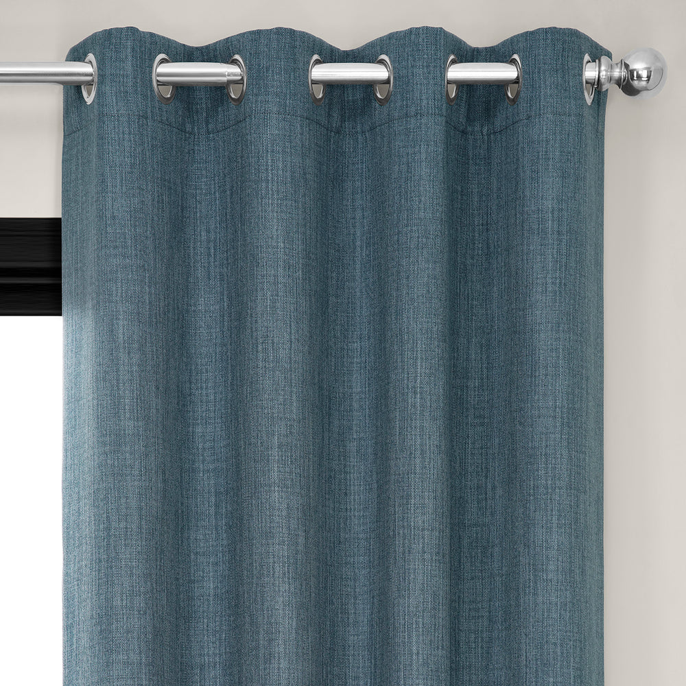 Reverie Blue Grommet Textured Faux Linen Room Darkening Curtain