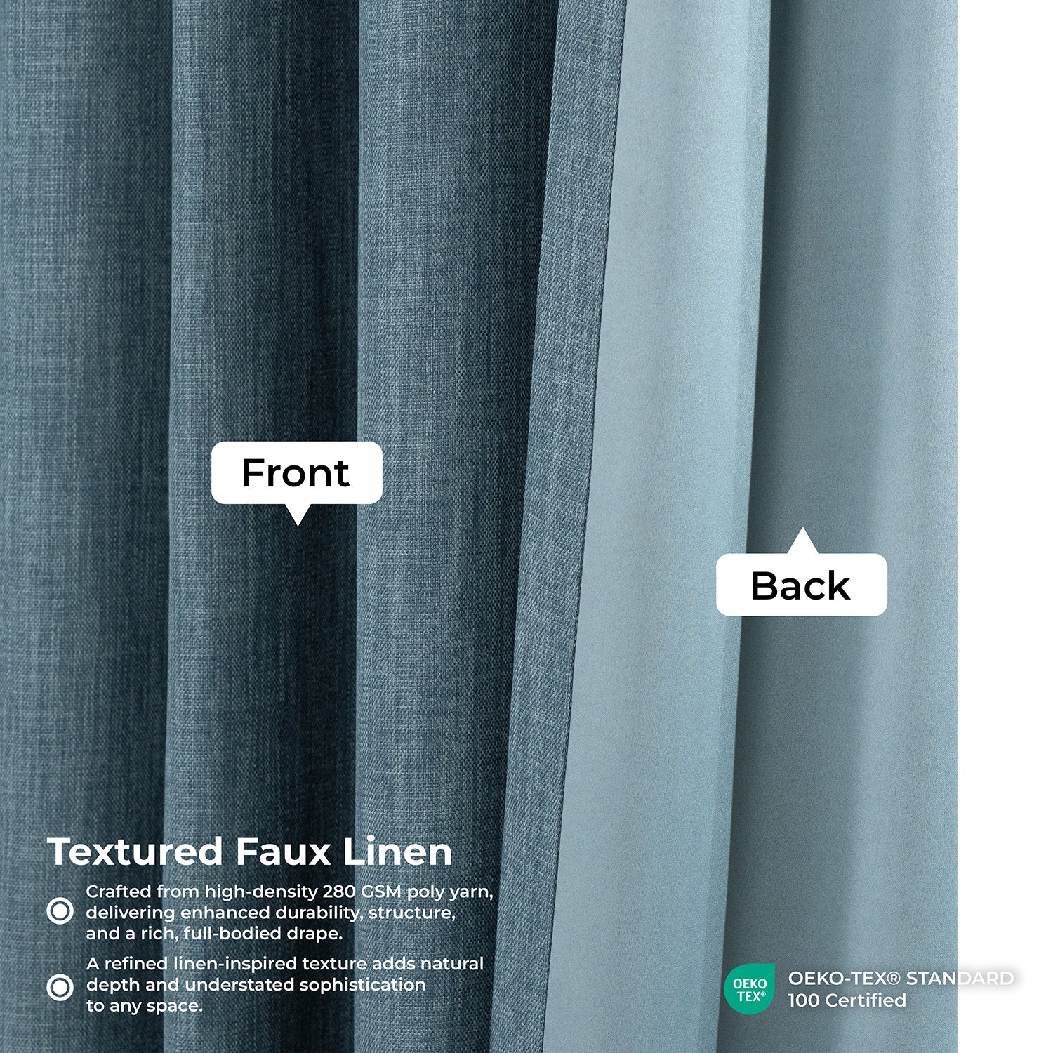 Reverie Blue Textured Faux Linen Room Darkening Curtain