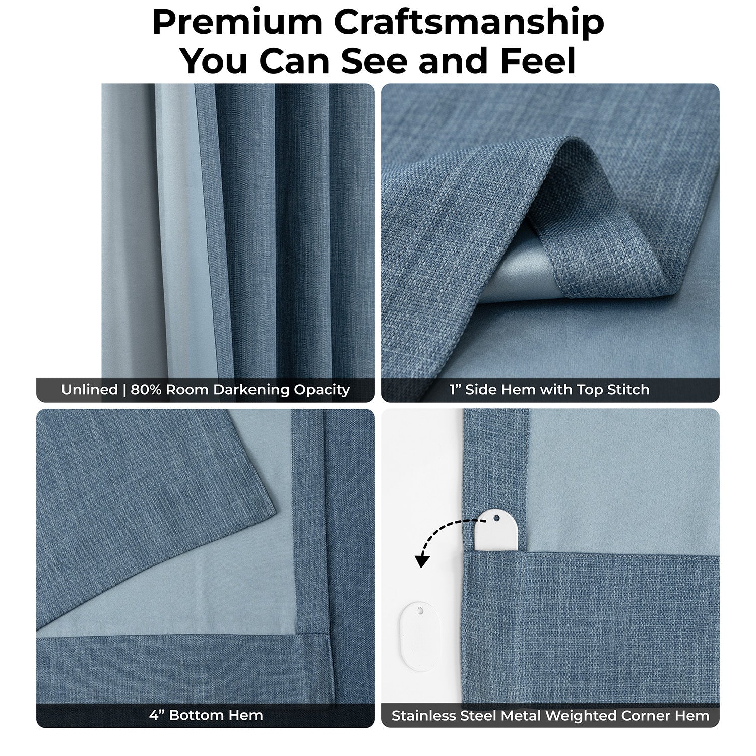 Reverie Blue Extra Wide Textured Faux Linen Room Darkening Curtain