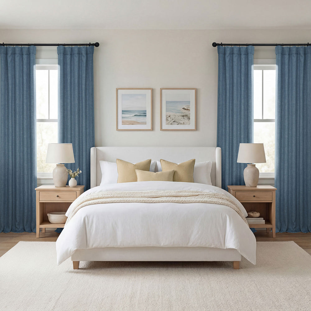 Reverie Blue Textured Faux Linen Room Darkening Curtain
