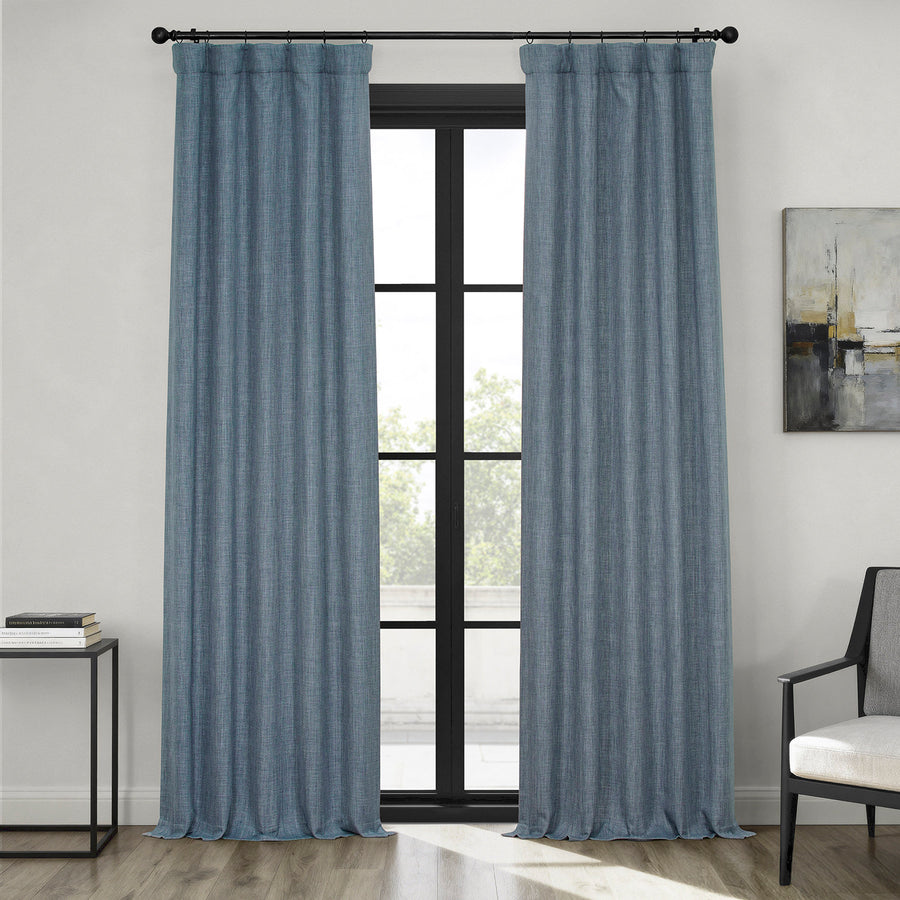 Reverie Blue Textured Faux Linen Room Darkening Curtain