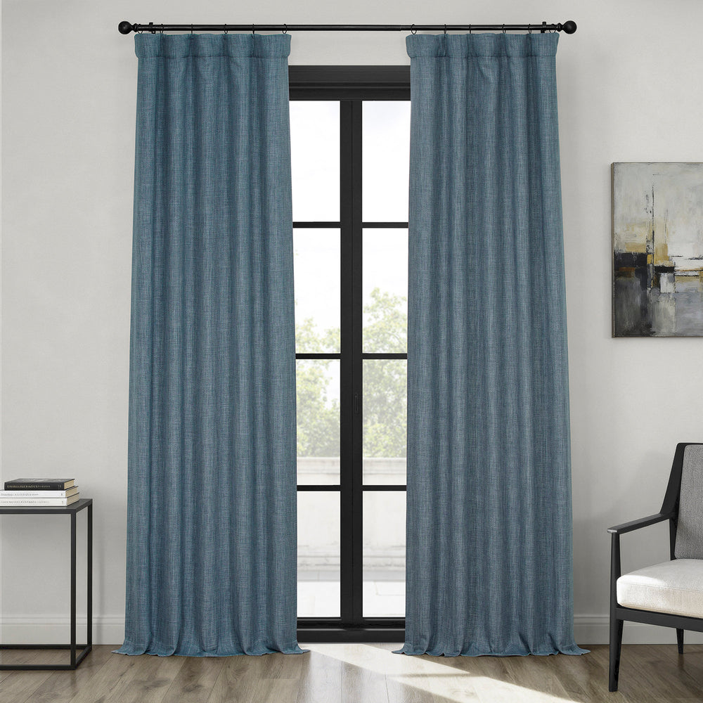 Reverie Blue Textured Faux Linen Room Darkening Curtain