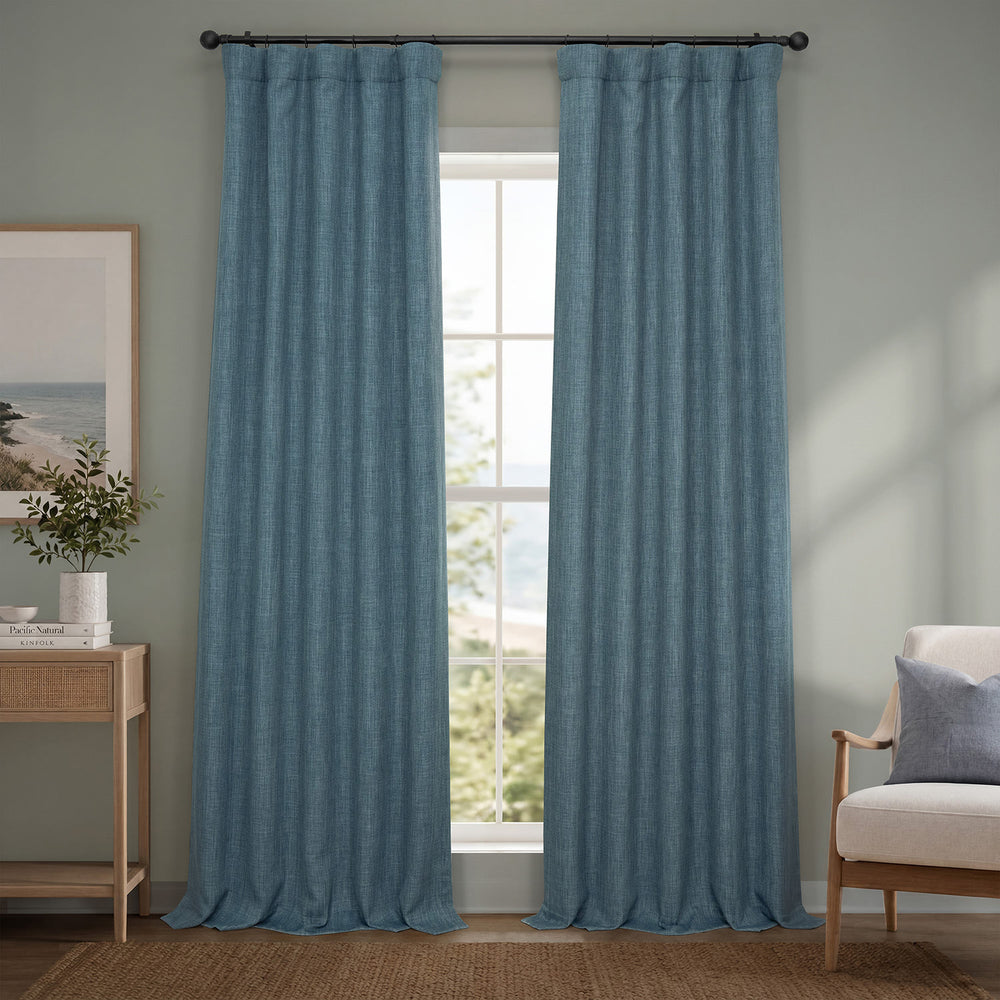 Reverie Blue Textured Faux Linen Room Darkening Curtain