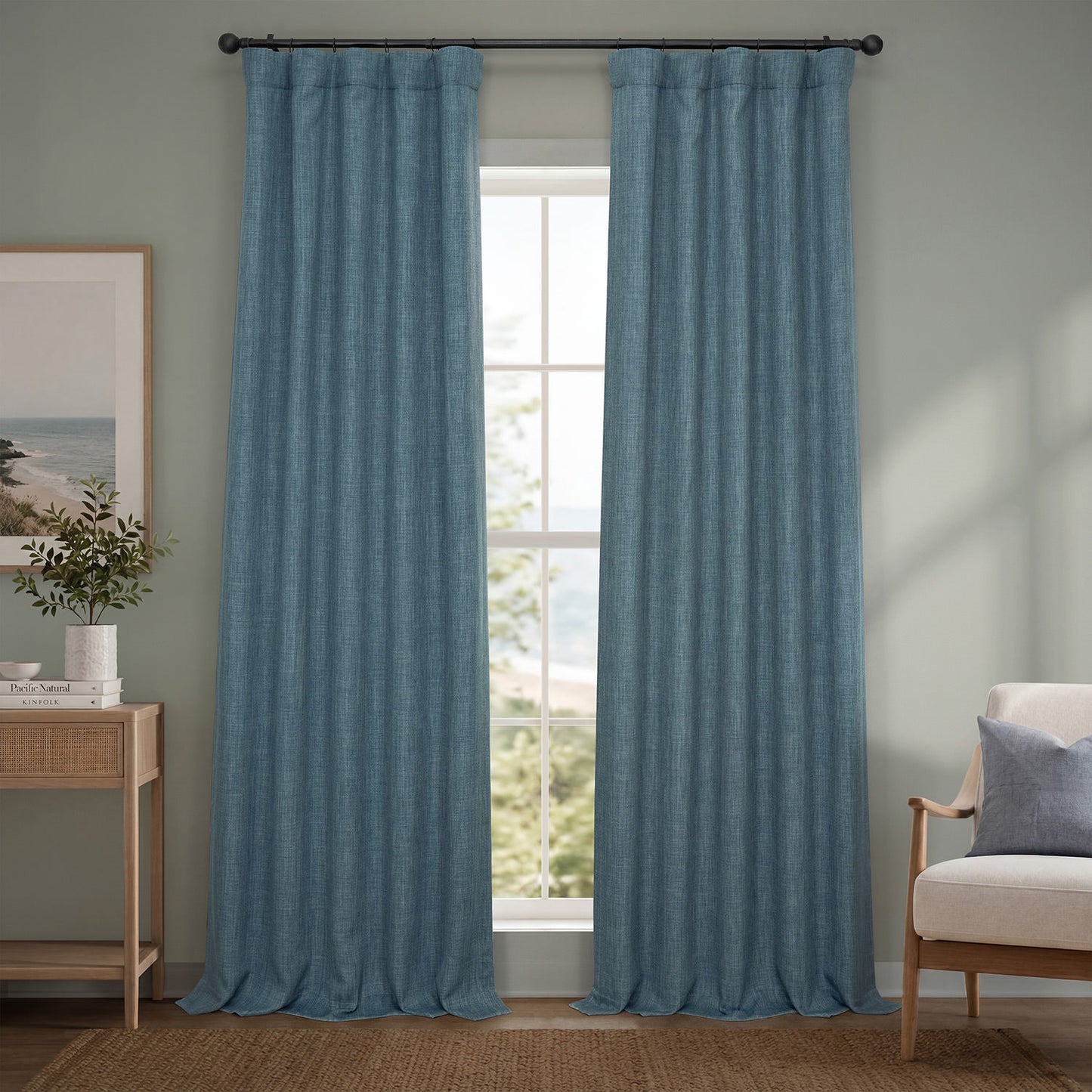Reverie Blue Textured Faux Linen Room Darkening Curtain