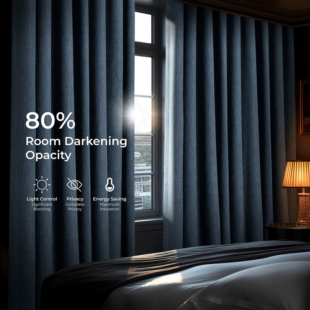 Reverie Blue Textured Faux Linen Room Darkening Curtain