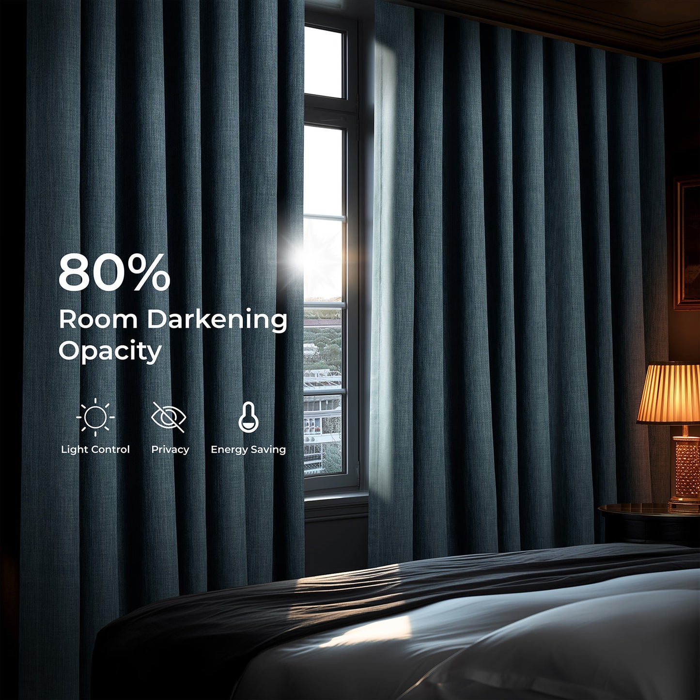Reverie Blue Textured Faux Linen Room Darkening Curtain