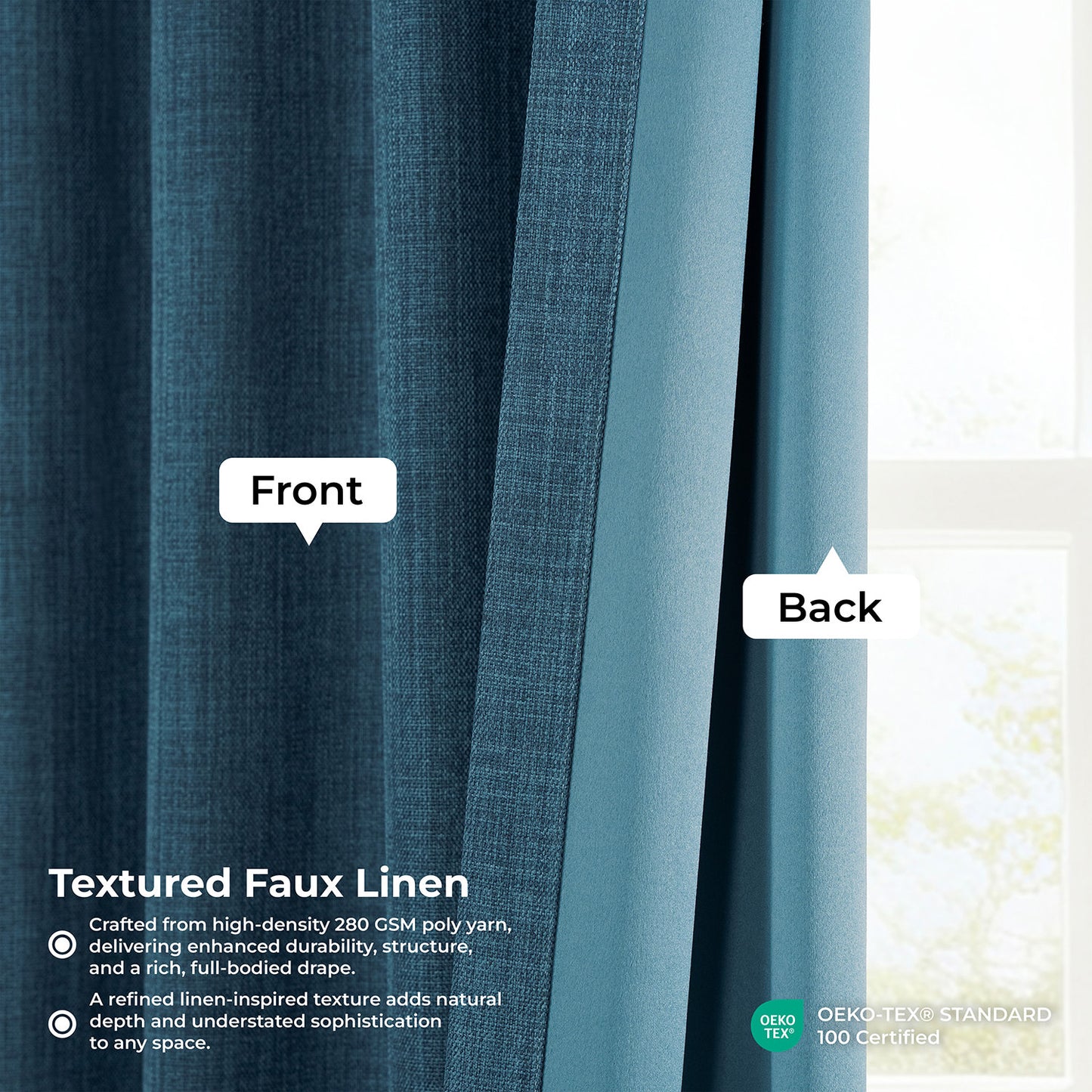 Story Blue Extra Wide Textured Faux Linen Room Darkening Curtain