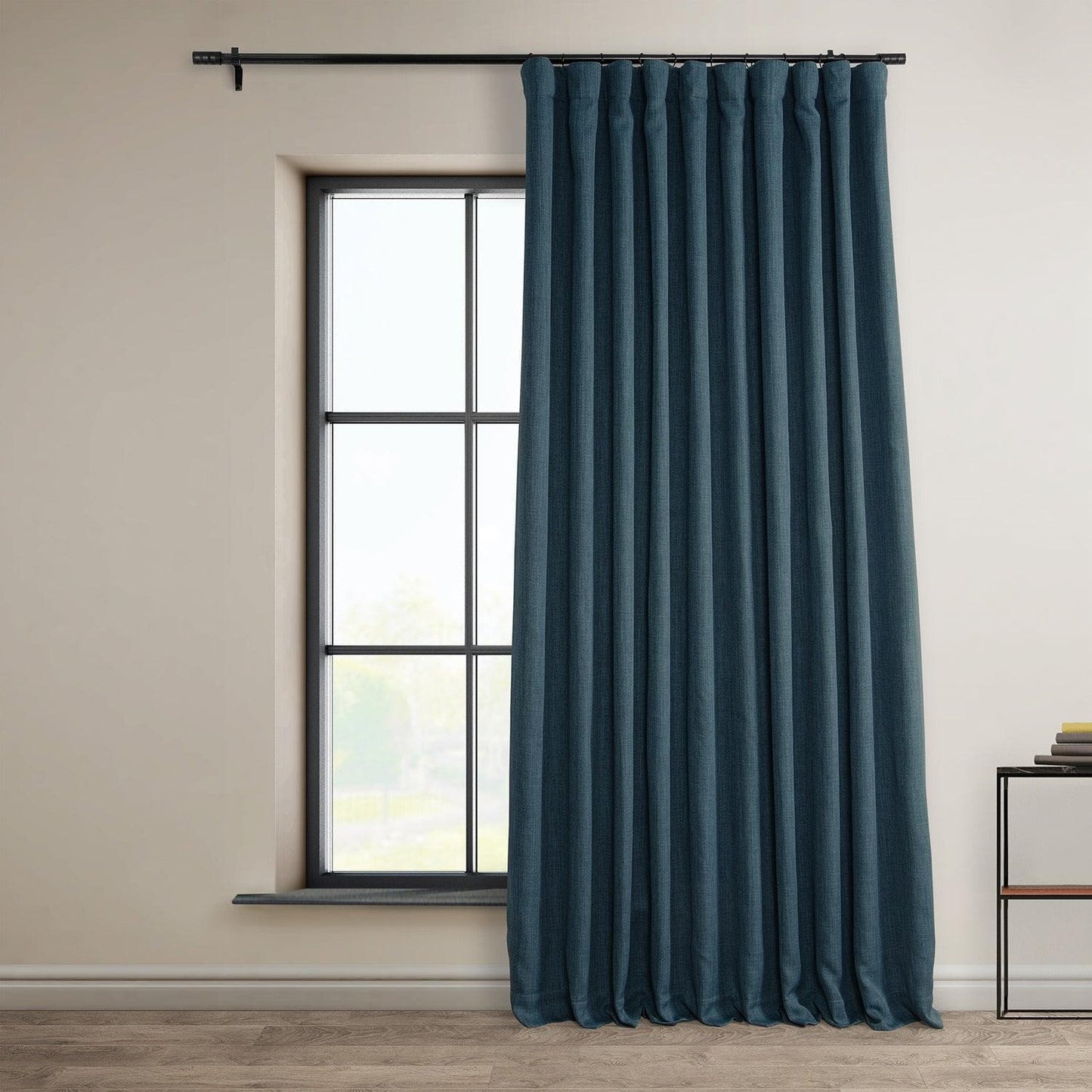 Story Blue Extra Wide Textured Faux Linen Room Darkening Curtain - HalfPriceDrapes.com