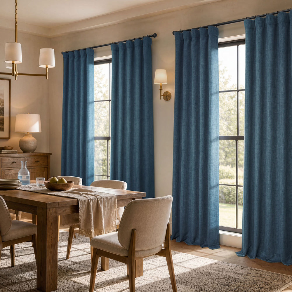 Story Blue Textured Faux Linen Room Darkening Curtain
