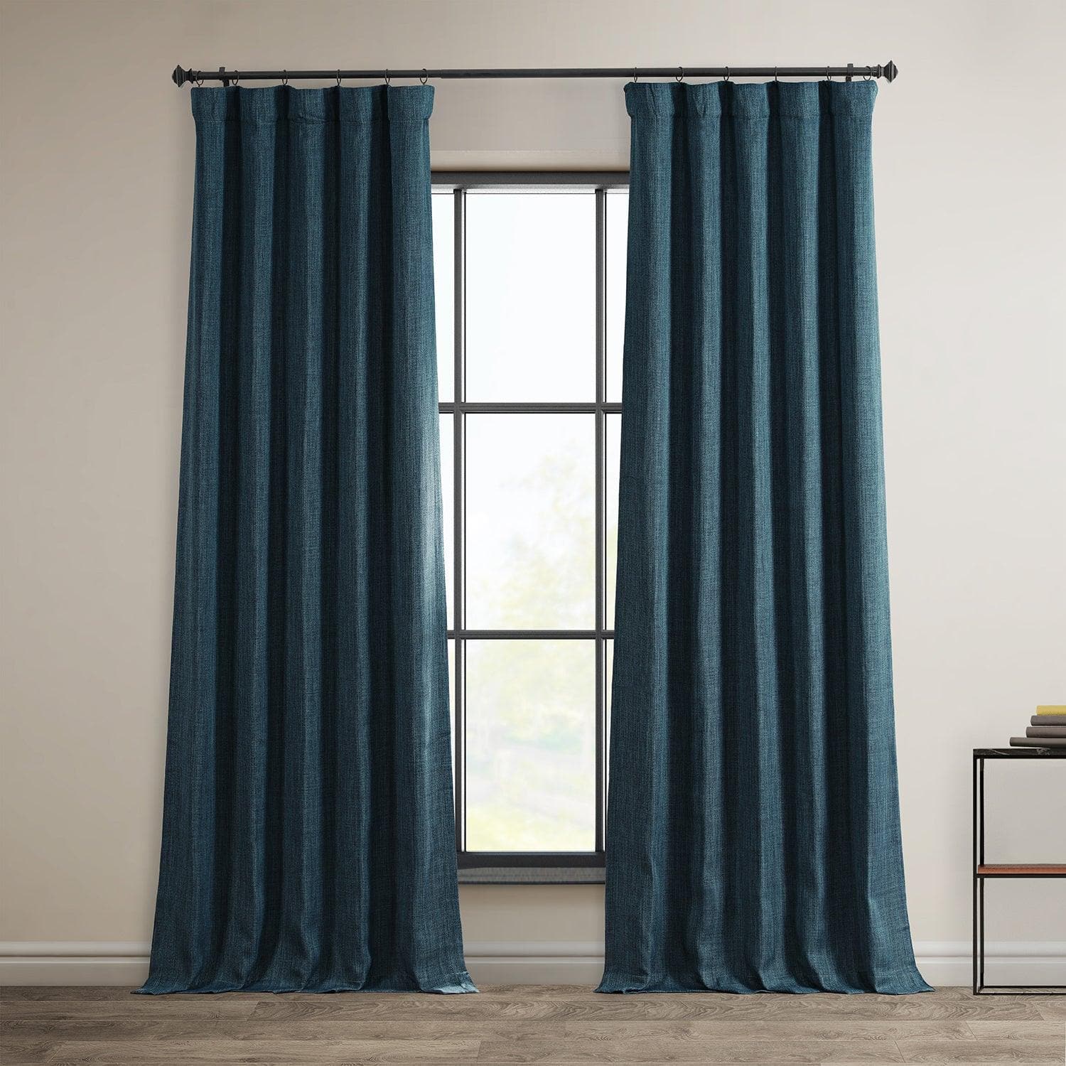 Story Blue Textured Faux Linen Room Darkening Curtain - HalfPriceDrapes.com
