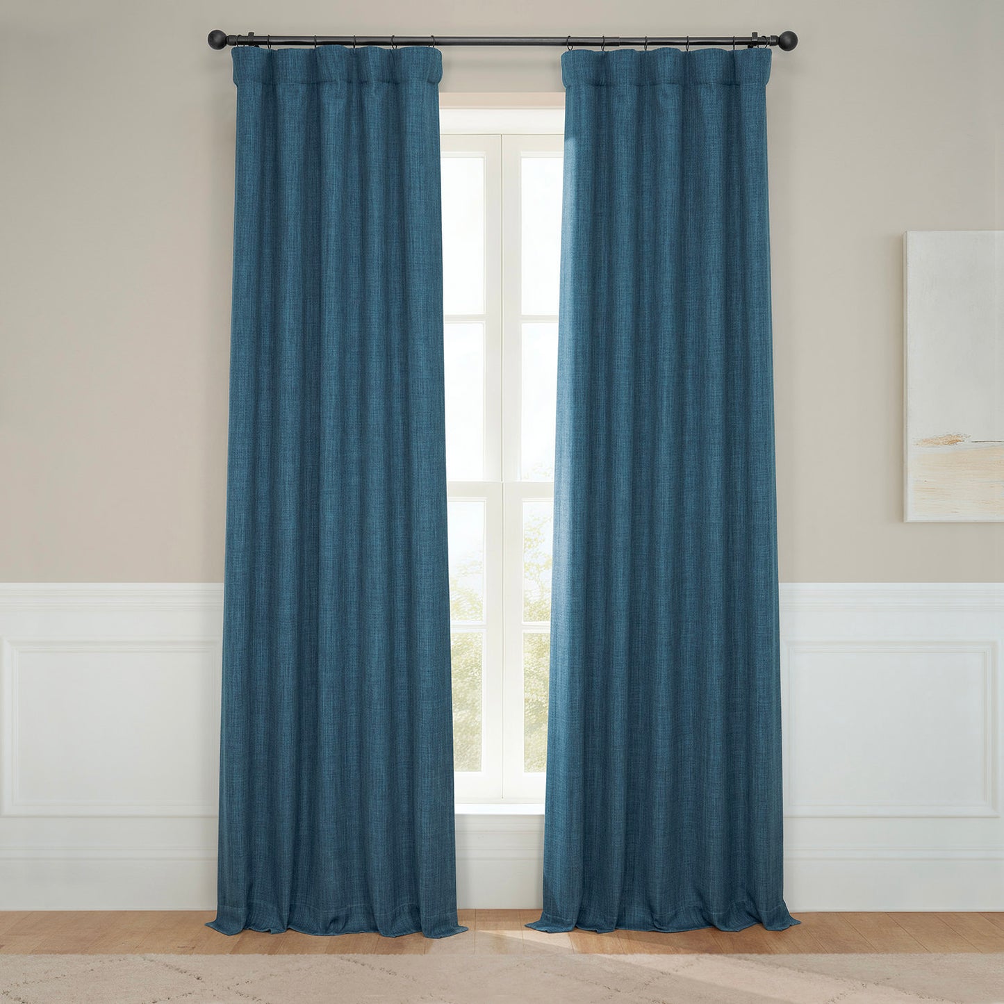 Story Blue Textured Faux Linen Room Darkening Curtain