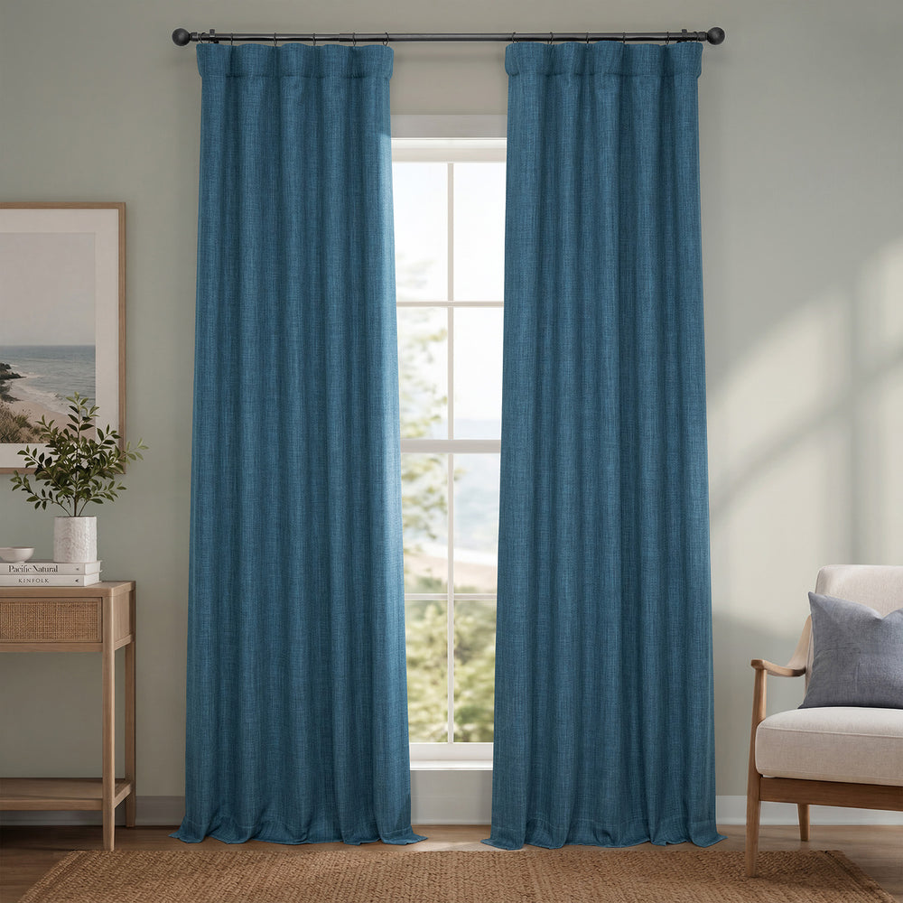 Story Blue Textured Faux Linen Room Darkening Curtain