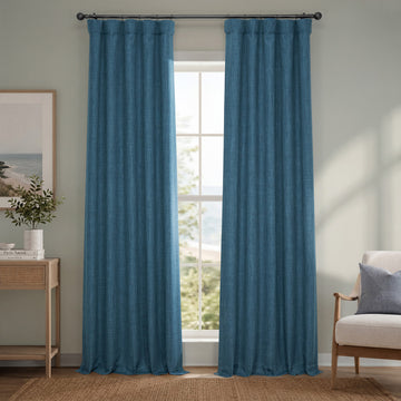 Story Blue Textured Faux Linen Room Darkening Curtain
