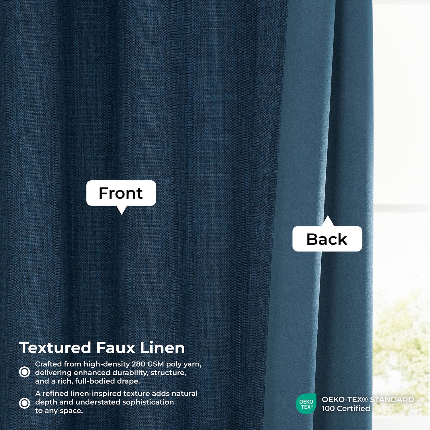 Nightfall Navy Extra Wide Textured Faux Linen Room Darkening Curtain