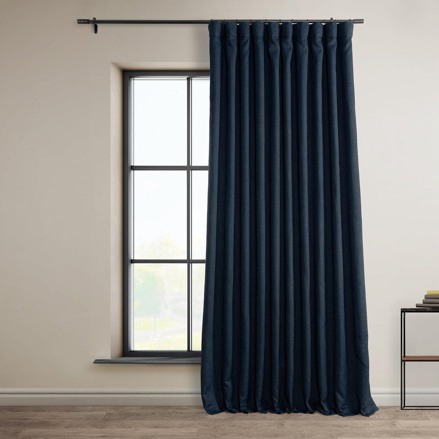 Nightfall Navy Extra Wide Textured Faux Linen Room Darkening Curtain - HalfPriceDrapes.com