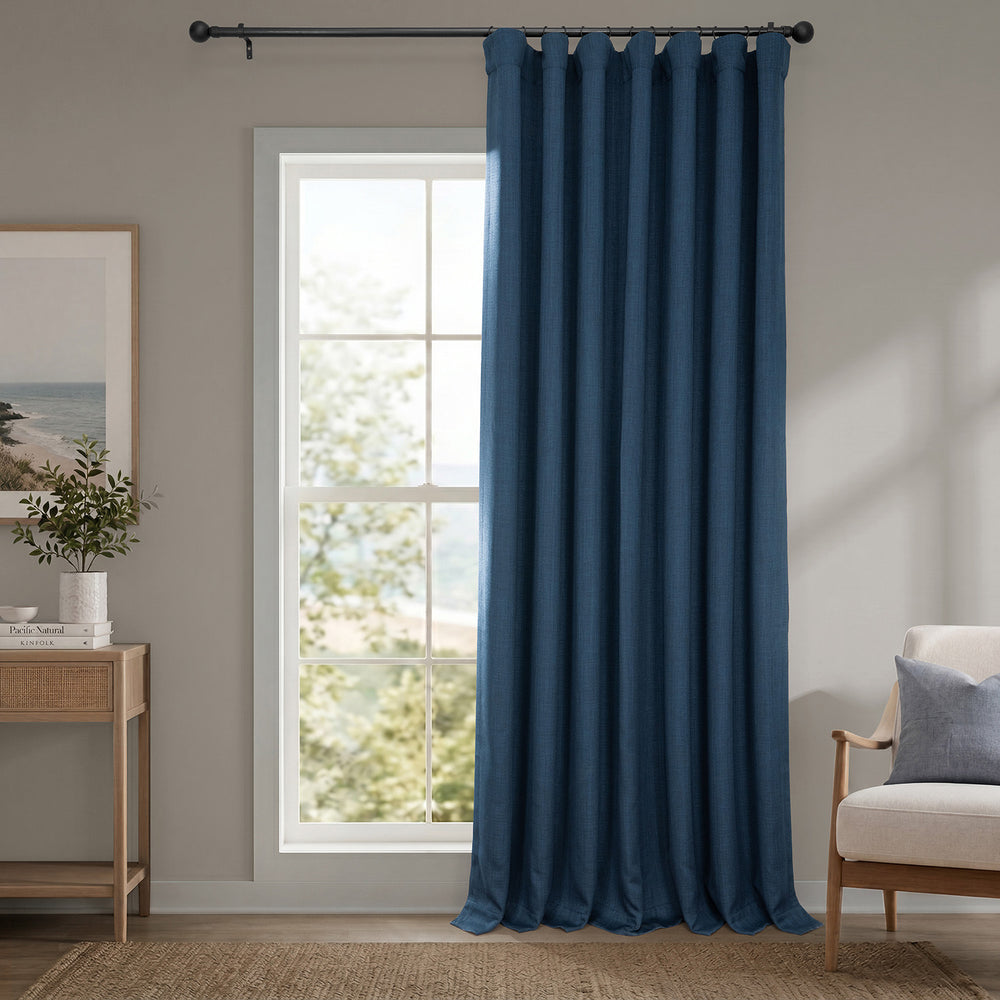 Nightfall Navy Extra Wide Textured Faux Linen Room Darkening Curtain