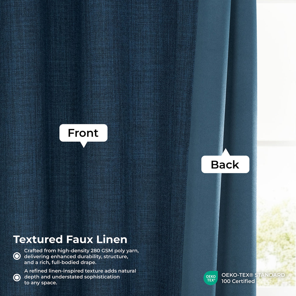 Dark blue textured faux linen curtains shown with a front and back view label, featuring a window background on the right side and product details text on the bottom left.