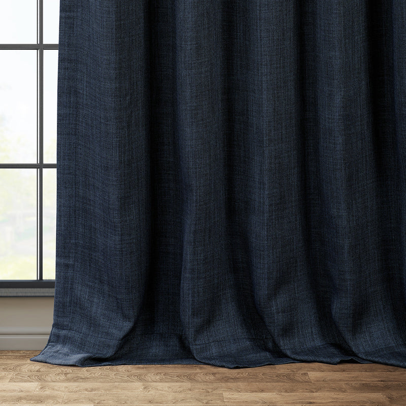 Nightfall Navy Textured Faux Linen Custom Curtain
