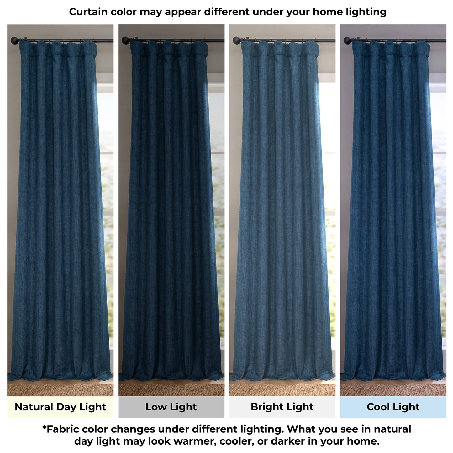 Four panels show the same curtain fabric in different lighting conditions labeled Natural Day Light, Low Light, Bright Light, and Cool Light, with text noting that curtain color may appear different under home lighting.