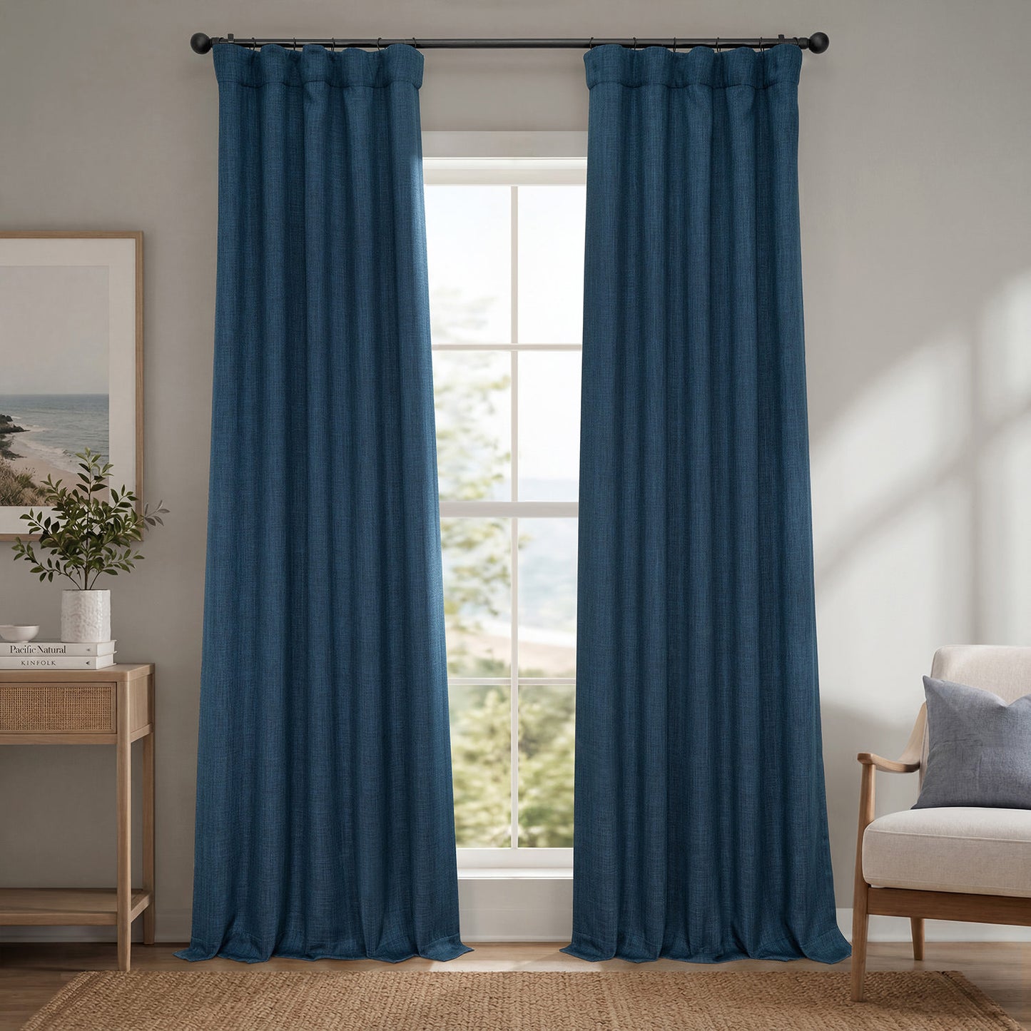 Nightfall Navy Textured Faux Linen Room Darkening Curtain
