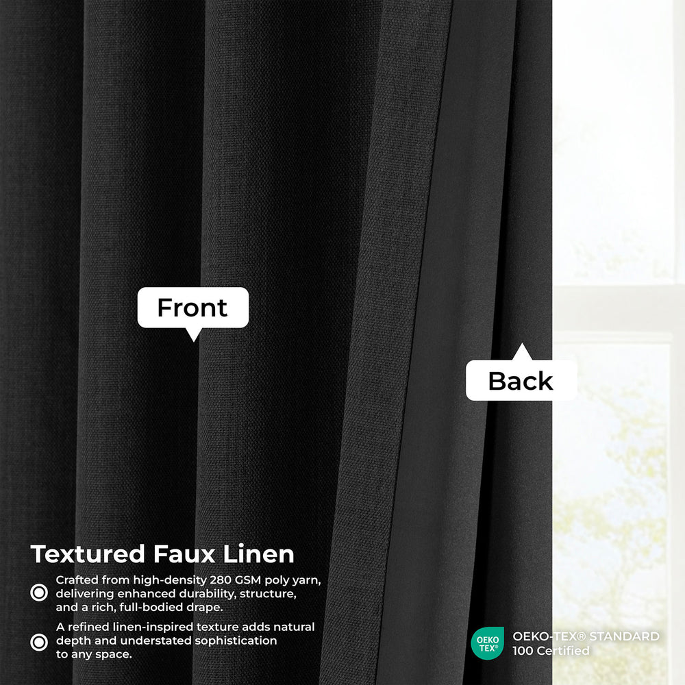 Essential Black Extra Wide Textured Faux Linen Room Darkening Curtain