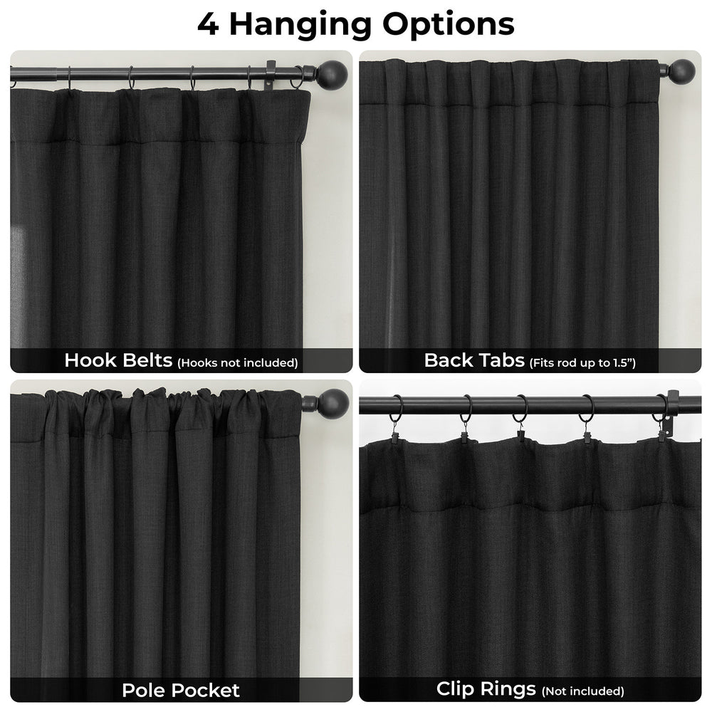 Essential Black Extra Wide Textured Faux Linen Room Darkening Curtain