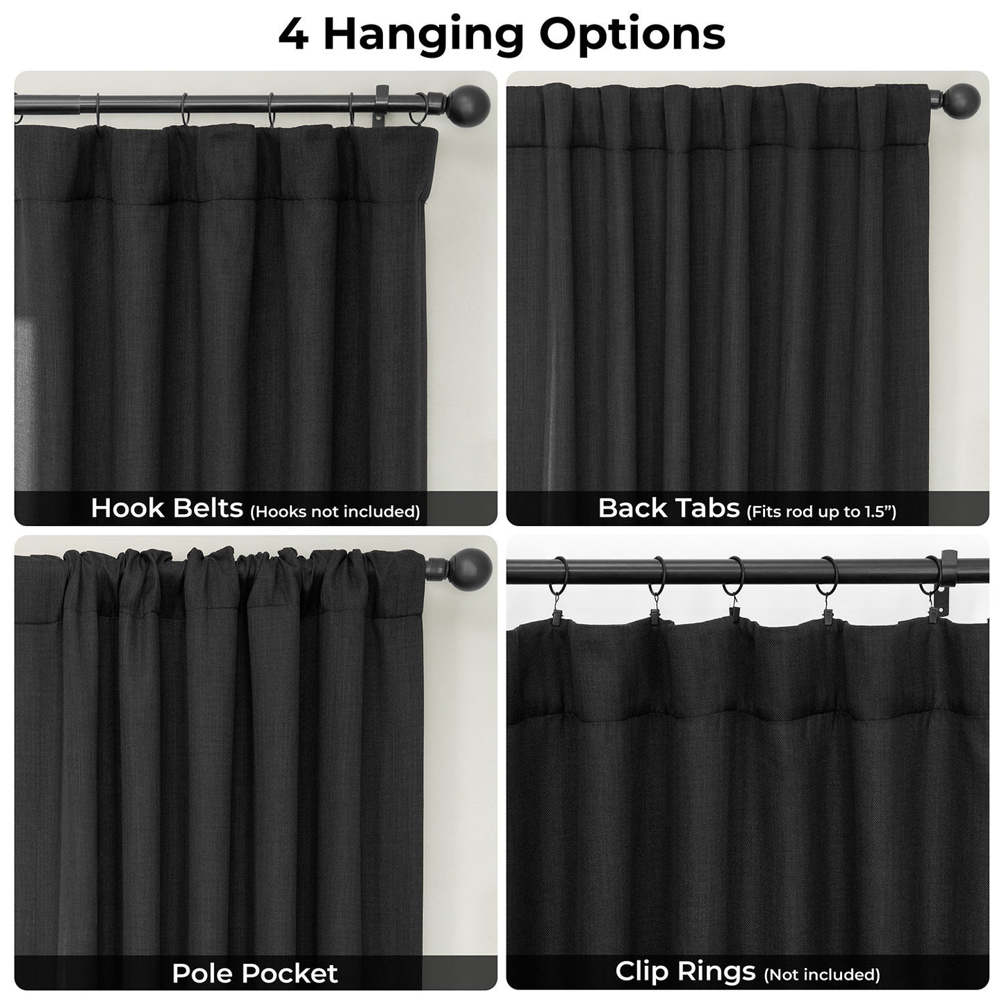 Essential Black Extra Wide Textured Faux Linen Room Darkening Curtain