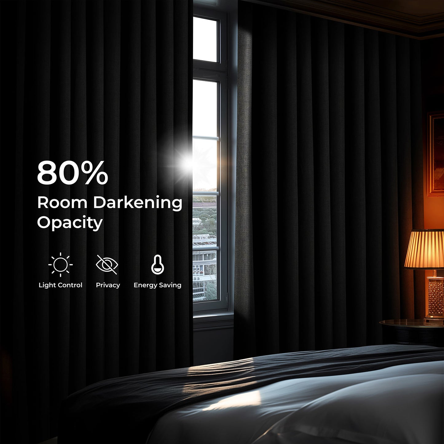 Essential Black Extra Wide Textured Faux Linen Room Darkening Curtain