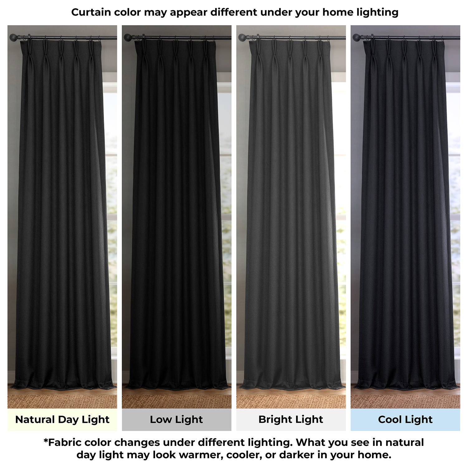 Essential Black Pinch Pleat Textured Faux Linen Room Darkening Curtain