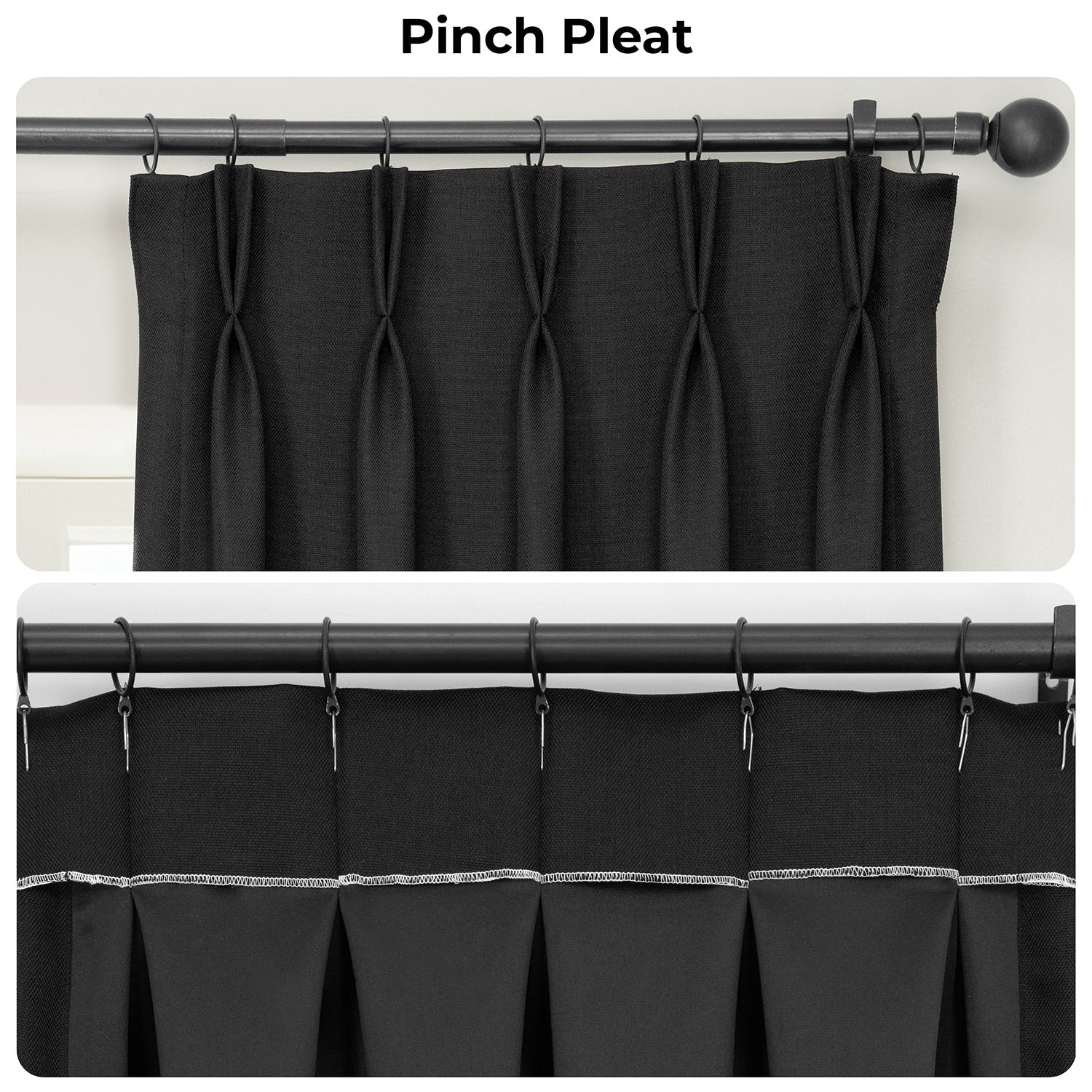 Essential Black Pinch Pleat Textured Faux Linen Room Darkening Curtain