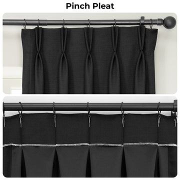 Essential Black Pinch Pleat Textured Faux Linen Room Darkening Curtain