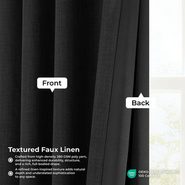 Essential Black Textured Faux Linen Room Darkening Curtain