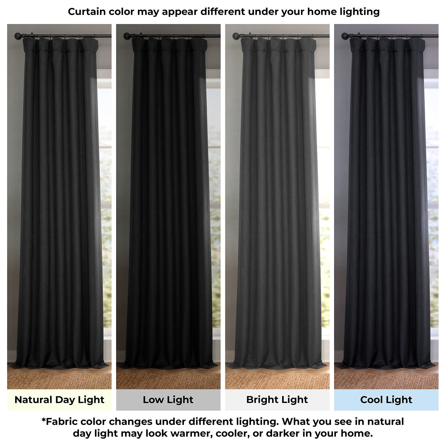 Essential Black Textured Faux Linen Room Darkening Curtain
