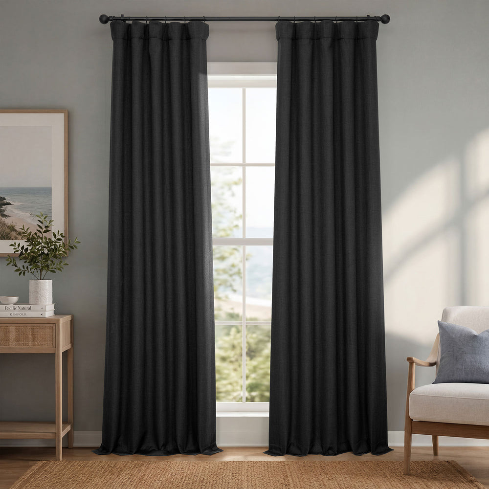 Essential Black Textured Faux Linen Room Darkening Curtain