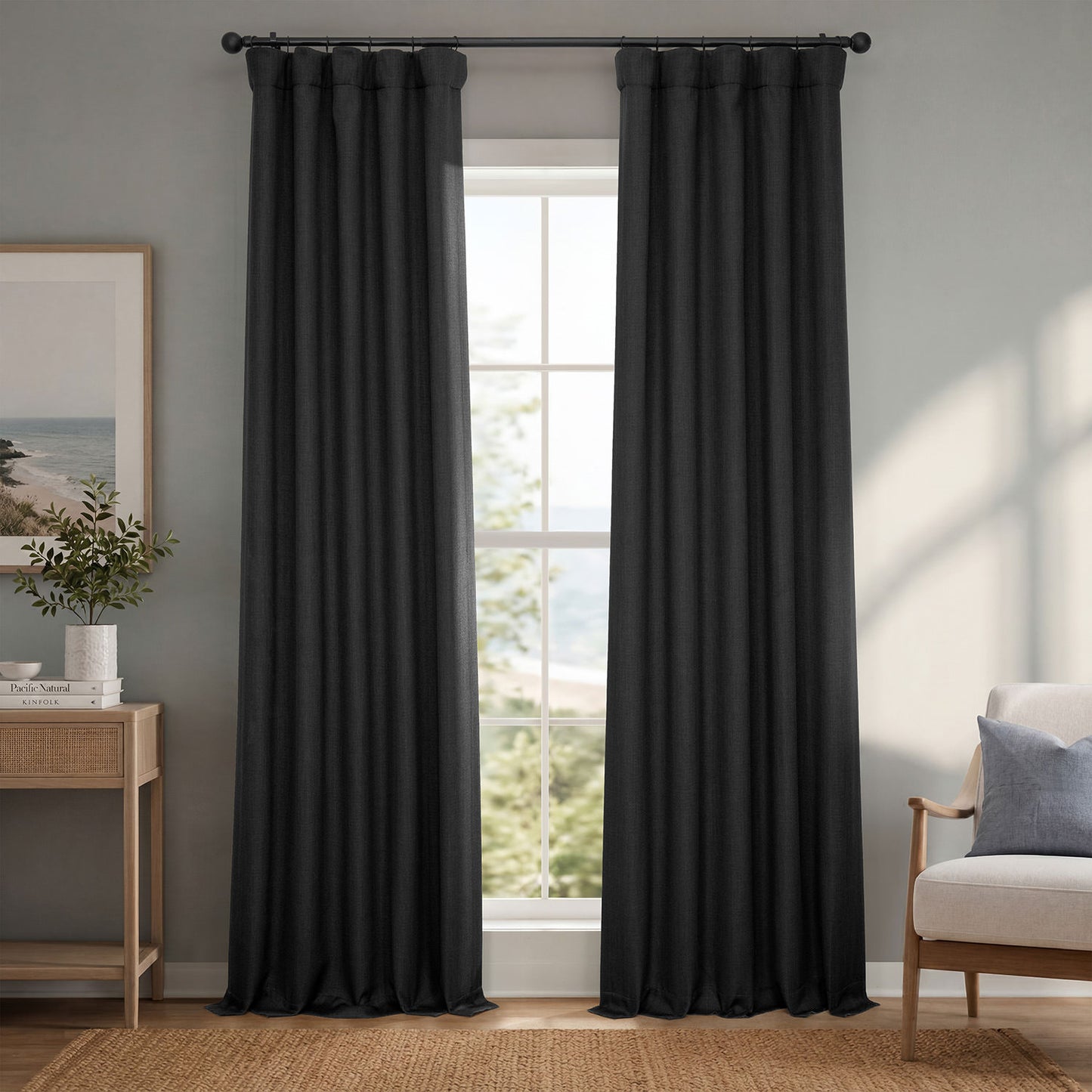 Essential Black Textured Faux Linen Room Darkening Curtain