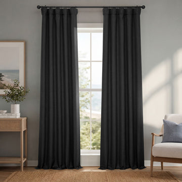 Essential Black Textured Faux Linen Room Darkening Curtain