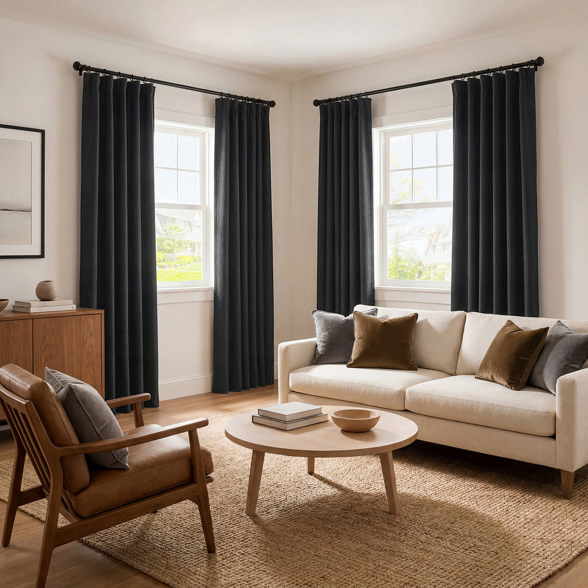 Essential Black Textured Faux Linen Custom Curtain