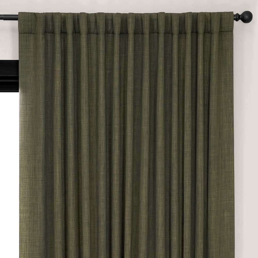 Khaki Green Extra Wide Textured Faux Linen Room Darkening Curtain