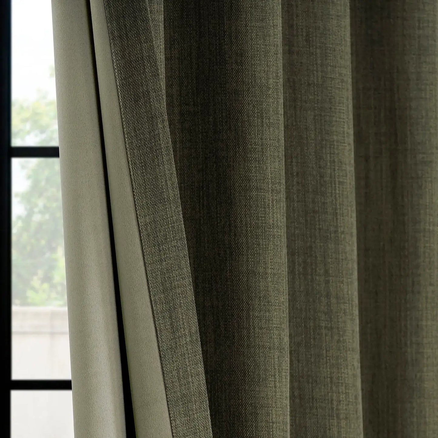 Khaki Green Extra Wide Textured Faux Linen Room Darkening Curtain
