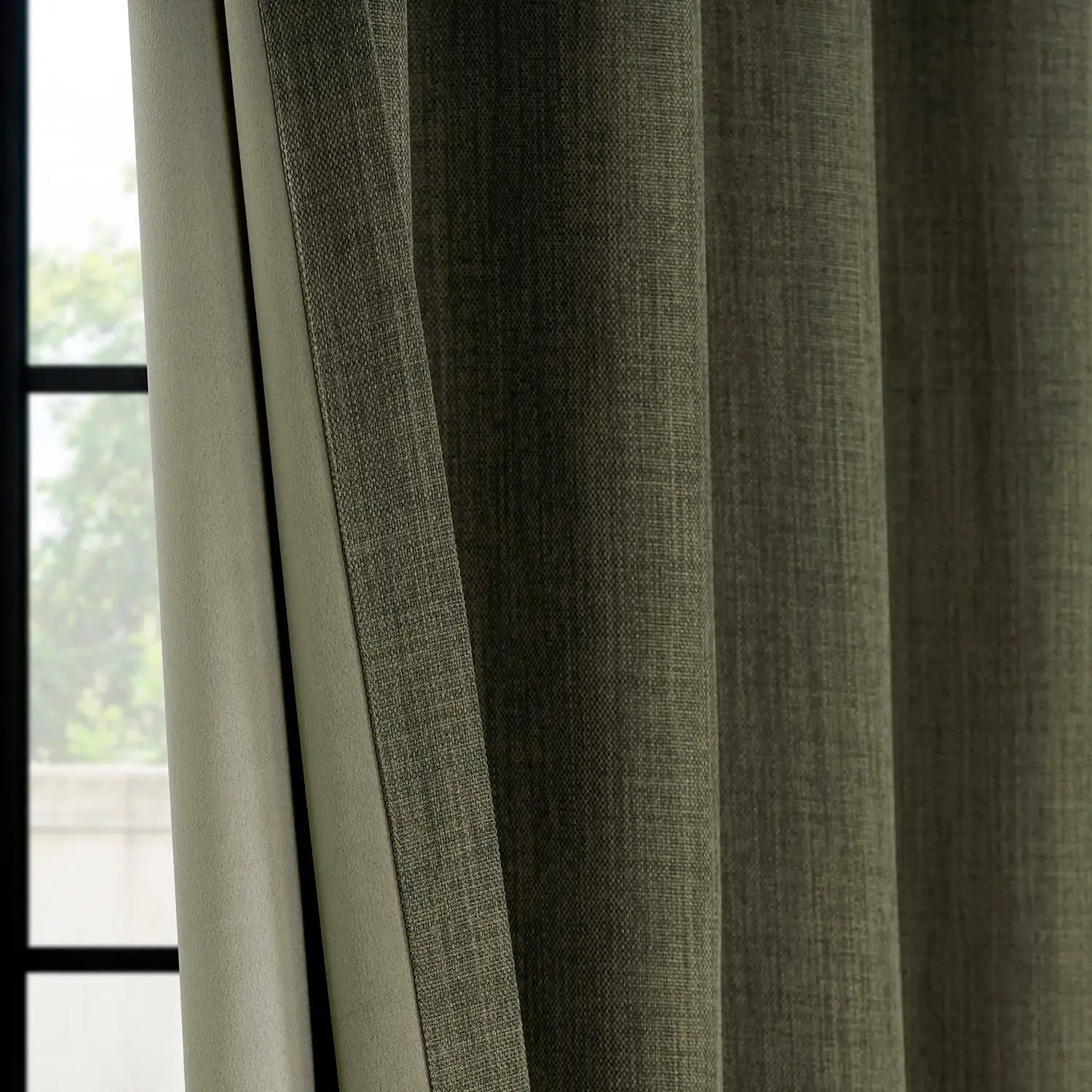 Khaki Green Extra Wide Textured Faux Linen Room Darkening Curtain